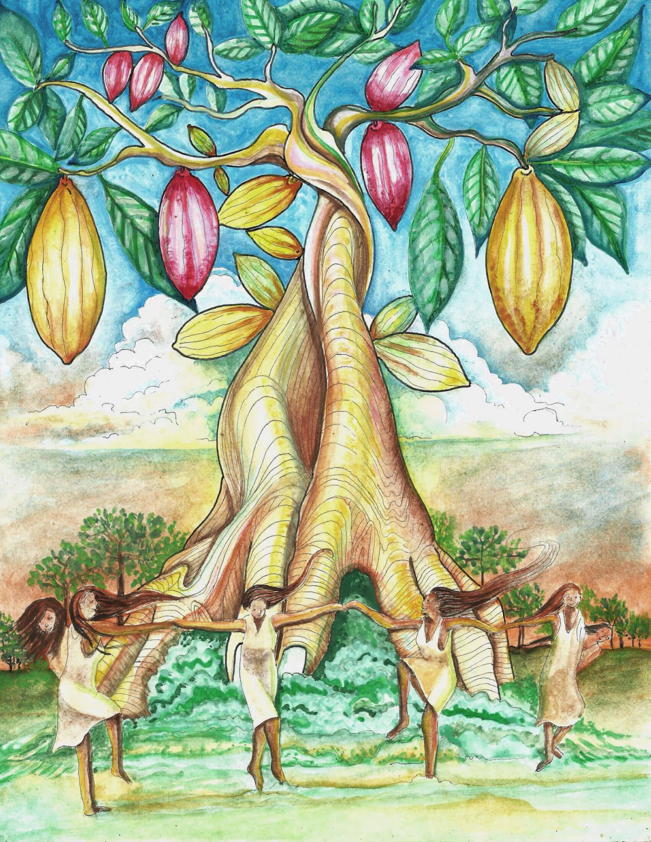 Cacaocito-Artwork: Aquarell eines Kakaobaums mit bunten Kakaofrüchten, um den tanzende Menschen einen Kreis bilden